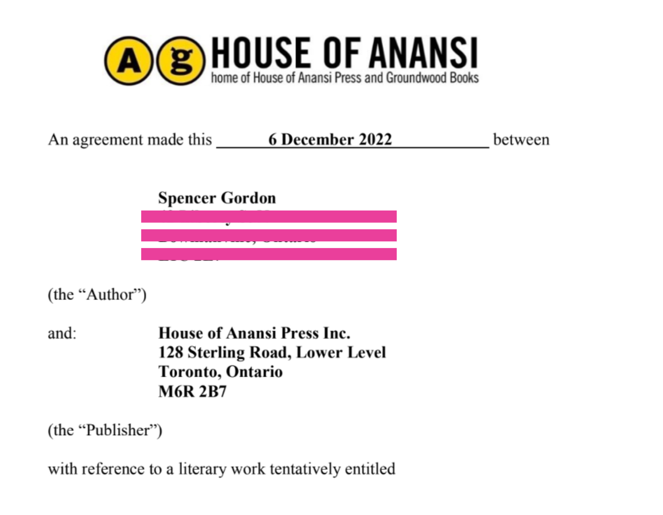 Book contract for new manuscript between me and House of Anansi Press.